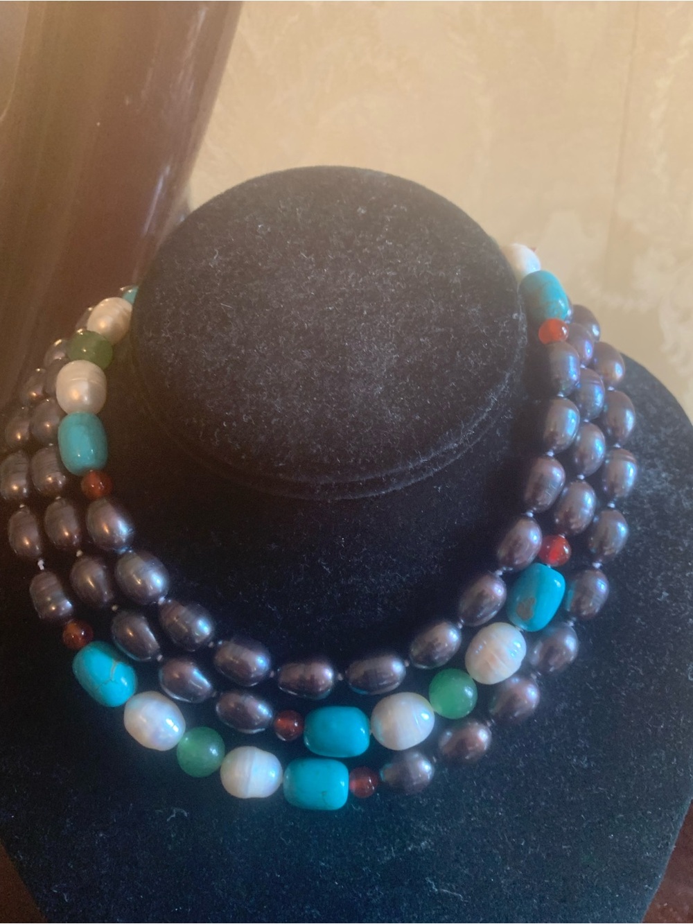 Multistrand Pearl and Turquoise Bead Necklace - Black, Turquoise, White, Green